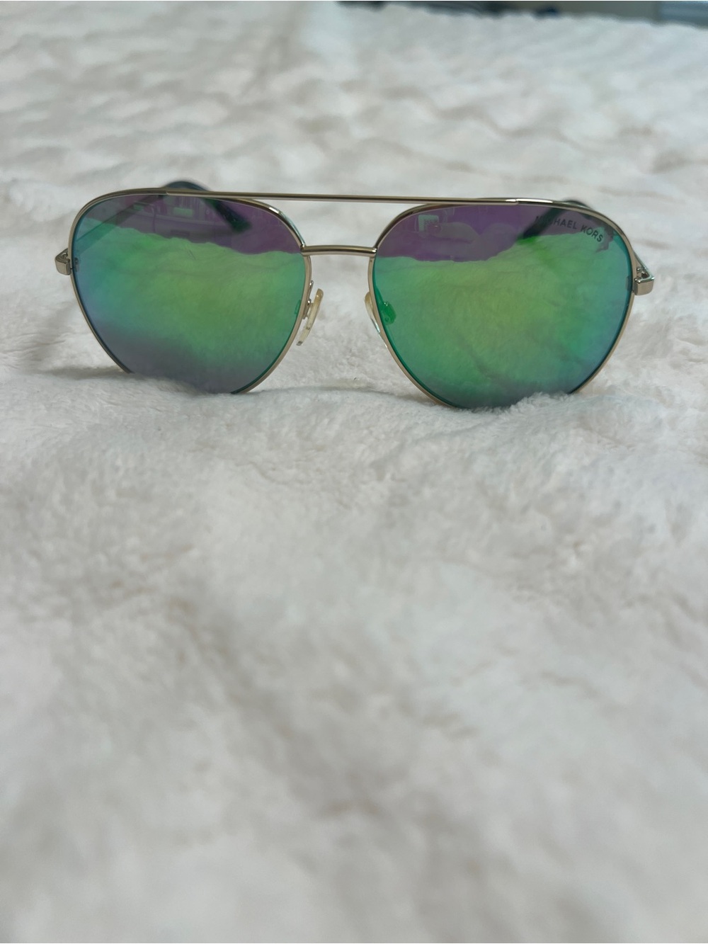 Michael Kors Gold Aviator Sunglasses with Green Mirrored Lenses